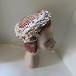 Vintage Topper Hat Pleats of Dusty Pink & Beige Velvet Satin